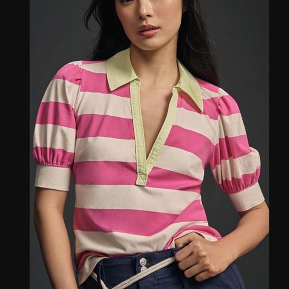 EUC Maeve Anthro puff sleeve pink stripe polo preppy 80s vibe size medium